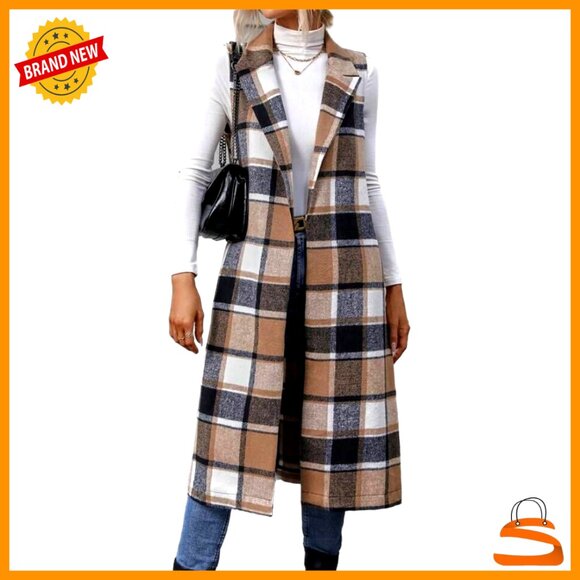 Long Plaid Vest Sleeveless Blazer Jacket Open Front Cardigan Chic Fall Winter